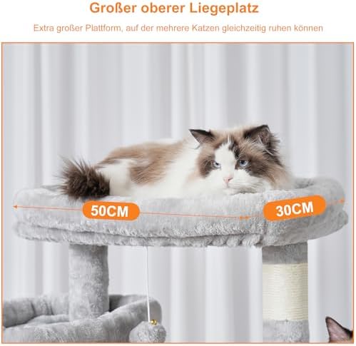 Heybly Kratzbaum, 180 cm Hoher Katzenturm für Wohnungskatzen mit 2 Plattformen, 2 Großen Schlafhäusern, 2 Hängematten, Korb und Kratzbrett, Großes Katzenmöbel mit Schlafplatz, Hellgrau HCT034W Amazon.de: Haustier – Bild 4