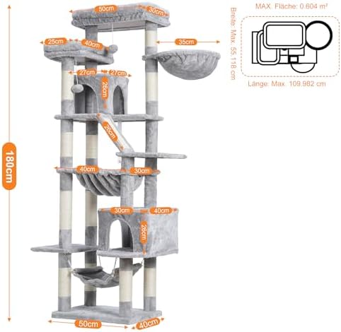 Heybly Kratzbaum, 180 cm Hoher Katzenturm für Wohnungskatzen mit 2 Plattformen, 2 Großen Schlafhäusern, 2 Hängematten, Korb und Kratzbrett, Großes Katzenmöbel mit Schlafplatz, Hellgrau HCT034W Amazon.de: Haustier – Bild 6