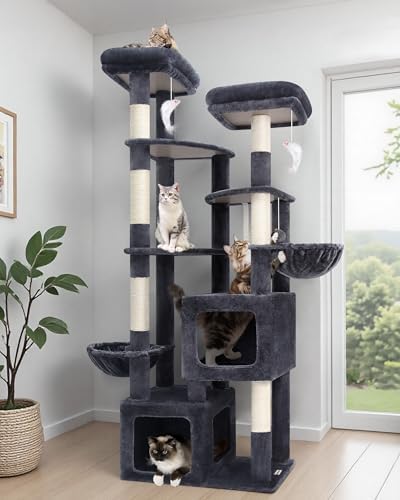 Globlazer Kratzbaum für Große Katzen XXL 189 cm Hoch mit 2 Extragroße Höhle 45*40*35cm, 3 Weit Piattaforme 45*40CM, 2 Gepolsterte Sitzstangen, 2 Katzenkorb, Katzenbaum Stabil Innen (S74E, Dunkelgrau)  Amazon.de: Haustier