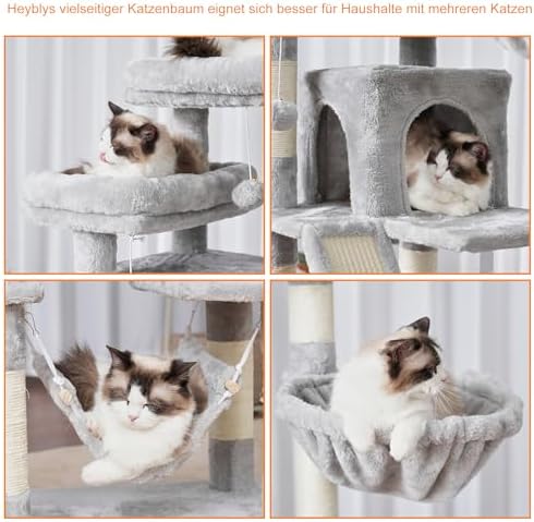 Heybly Kratzbaum, 180 cm Hoher Katzenturm für Wohnungskatzen mit 2 Plattformen, 2 Großen Schlafhäusern, 2 Hängematten, Korb und Kratzbrett, Großes Katzenmöbel mit Schlafplatz, Hellgrau HCT034W Amazon.de: Haustier – Bild 5