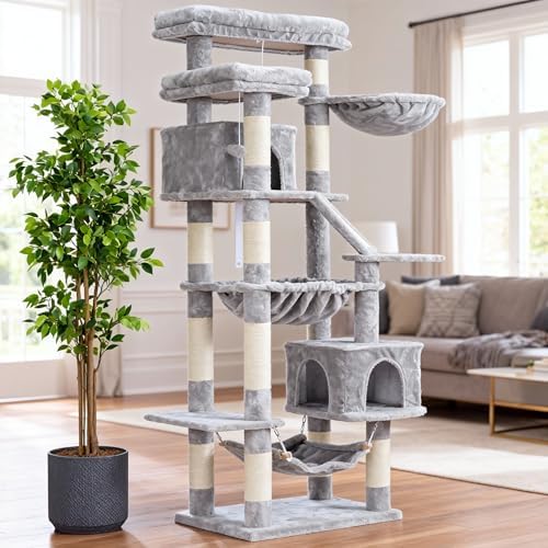 Heybly Kratzbaum, 180 cm Hoher Katzenturm für Wohnungskatzen mit 2 Plattformen, 2 Großen Schlafhäusern, 2 Hängematten, Korb und Kratzbrett, Großes Katzenmöbel mit Schlafplatz, Hellgrau HCT034W Amazon.de: Haustier – Bild 2